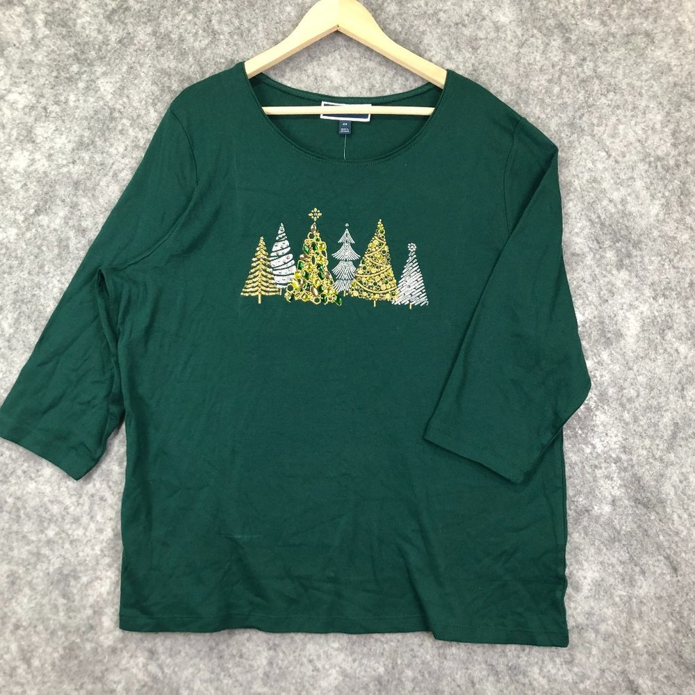 Karen Scott Christmas Holiday Top Size 2X Green 3/4 Sleeve Embellished Jeweled - Picture 1 of 7